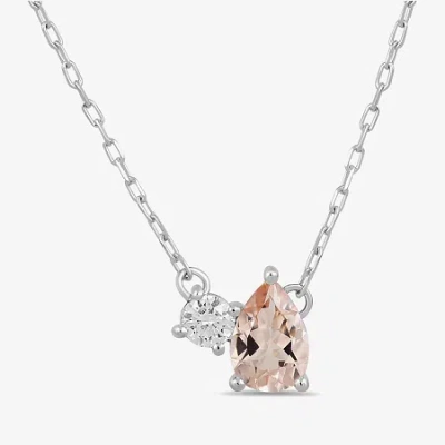 Fine Jewelry Toi Et Moi Womens Genuine Gemstone & 1/10 Ct. T.w. Lab Grown Diamond 10k White Gold Pear Pendant Nec In Pink