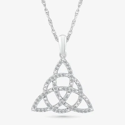 Fine Jewelry Trinity Knot Womens 1/5 Ct. Natural White Diamond 14k White Gold Knot Triangle 18 Inch Pendant Neckl In Transparent