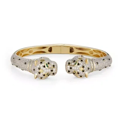 Fine Jewelry White Cubic Zirconia 14k Two Tone Gold Over Silver Panther Bangle Bracelet In Transparent