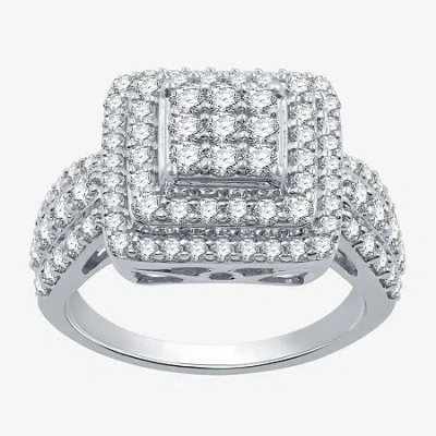 Fine Jewelry Womens 1 1/2 Ct. T.w. Lab Grown White Diamond Sterling Silver Cushion Halo Side Stone Cocktail Ring In Transparent