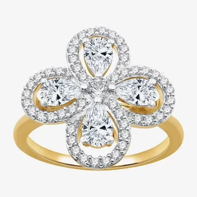 Fine Jewelry Womens 1 1/5 Ct. T.w. Lab Grown White Diamond 10k Gold Flower Cocktail Ring In Transparent