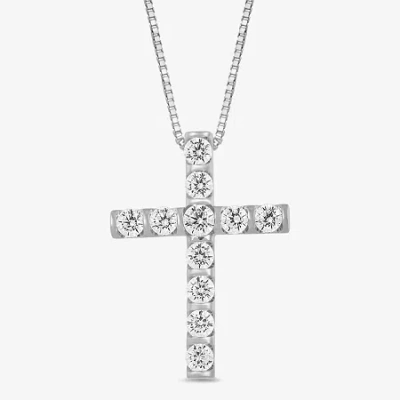 Fine Jewelry Womens 1 Ct. T.w. Lab Grown White Diamond 10k White Gold Cross 18 Inch Pendant Necklace