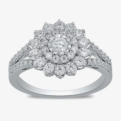 Fine Jewelry Womens 1 Ct. T.w. Lab Grown White Diamond 10k White Gold Side Stone Cocktail Ring In Transparent