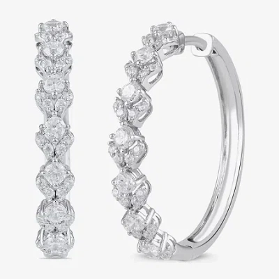 Fine Jewelry Womens 1 Ct. T.w. Lab Grown White Diamond Sterling Silver 24.9mm Hoop Earrings In Transparent