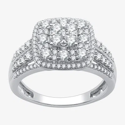 Fine Jewelry Womens 1 Ct. T.w. Lab Grown White Diamond Sterling Silver Cushion Halo Side Stone Cocktail Ring In Transparent