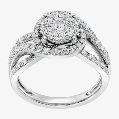 Fine Jewelry Womens 1 Ct. T.w. Lab Grown White Diamond Sterling Silver Round Side Stone Cocktail Ring In Transparent