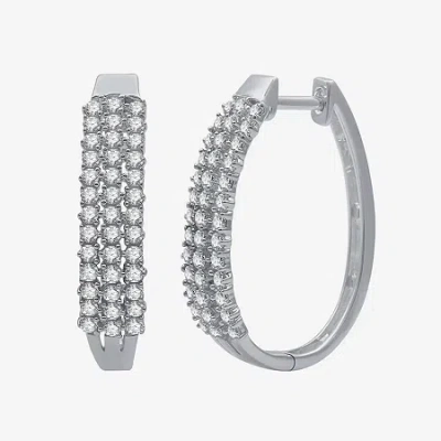 Fine Jewelry Womens 1 Ct. T.w. Natural White Diamond 10k White Gold 23.7mm Hoop Earrings In Transparent