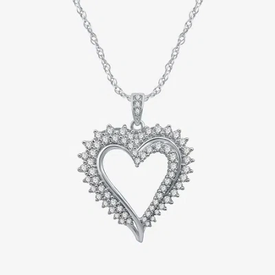 Fine Jewelry Womens 1 Ct. T.w. Natural White Diamond 10k White Gold Heart 18 Inch Pendant Necklace In Transparent