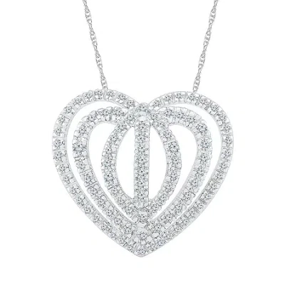 Fine Jewelry Womens 1 Ct. T.w. Natural White Diamond 10k White Gold Heart 18 Inch Pendant Necklace In Transparent