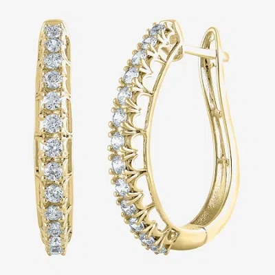 Fine Jewelry Womens 1 Ct. T.w. Natural White Diamond 14k Gold 24.9mm Hoop Earrings In Yellow