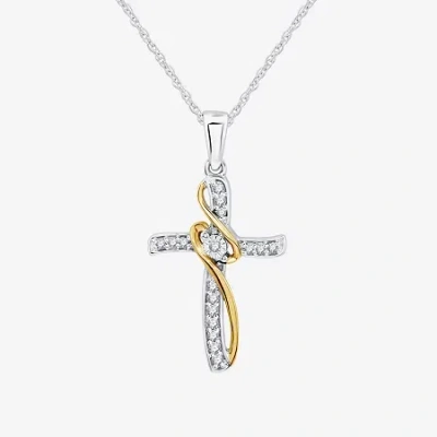 Fine Jewelry Womens 1/10 Ct. T.w. Lab Grown White Diamond 10k Two Tone Gold Cross 18 Inch Pendant Necklace In Transparent