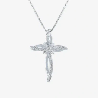 Fine Jewelry Womens 1/10 Ct. T.w. Natural White Diamond Sterling Silver Cross 18 Inch Pendant Necklace In Transparent