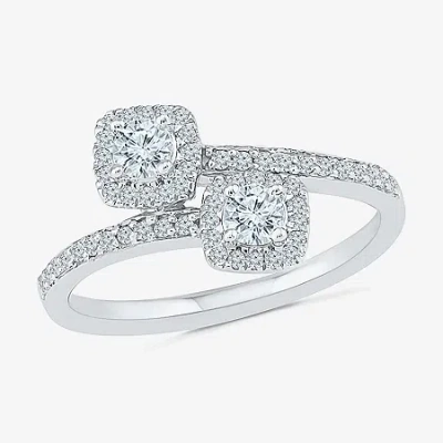 Fine Jewelry Womens 1/2 Ct. T.w. Natural White Diamond 10k Gold Cushion Halo Bypass Cocktail Ring