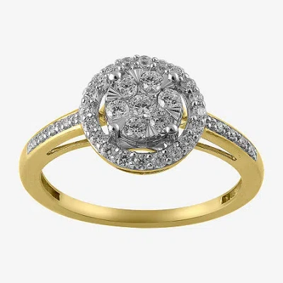 Fine Jewelry Womens 1/2 Ct. T.w. Natural White Diamond 14k Gold Round Halo Cocktail Ring In Yellow