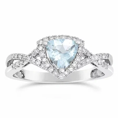 Fine Jewelry Womens 1/5 Ct. Genuine Blue Aquamarine 10k White Gold Halo Crossover Cocktail Ring