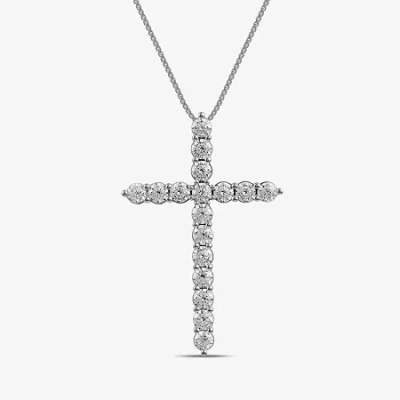 Fine Jewelry Womens 2 Ct. Lab Grown White Diamond 10k White Gold Cross 18 Inch Pendant Necklace