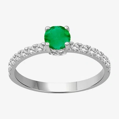 Fine Jewelry Womens 2 Ct. T.w. Genuine Green Emerald 10k White Gold Round Cocktail Ring