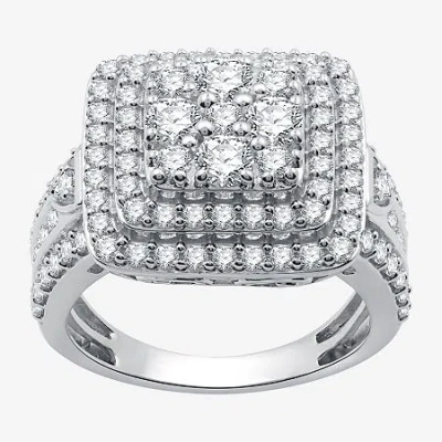 Fine Jewelry Womens 2 Ct. T.w. Lab Grown White Diamond Sterling Silver Cushion Side Stone Cocktail Ring In Transparent