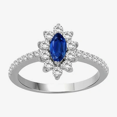 Fine Jewelry Womens 3 1/2 Ct. T.w Genuine Blue Sapphire 10k White Gold Marquise Halo Cocktail Ring