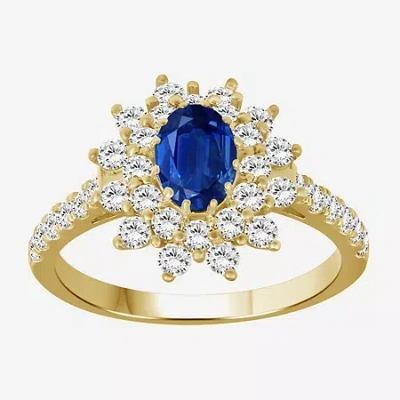 Fine Jewelry Womens 3 3/4 Ct. T.w. Genuine Blue Sapphire 10k Gold Oval Halo Cocktail Ring In Yellow