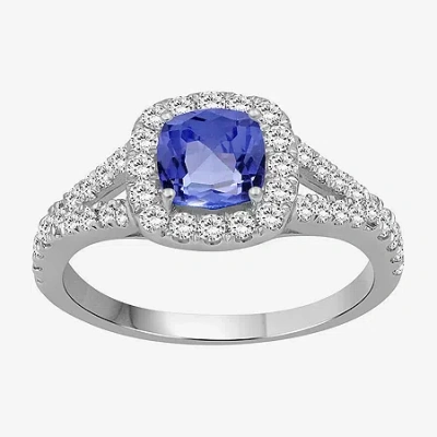 Fine Jewelry Womens 3 3/8 Ct. T.w. Genuine Blue Tanzanite 10k White Gold Cushion Halo Cocktail Ring