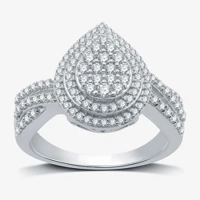 Fine Jewelry Womens 3/4 Ct. T.w. Natural White Diamond Sterling Silver Pear Halo Side Stone Cocktail Ring In Transparent