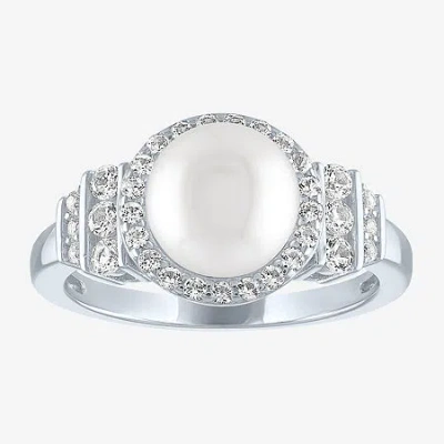 Fine Jewelry Womens 8mm White Cultured Freshwater Pearl Sterling Silver Halo Cocktail Ring In Transparent
