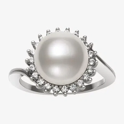 Fine Jewelry Womens 9-10mm White Cultured Freshwater Pearl Sterling Silver Halo Cocktail Ring In Transparent