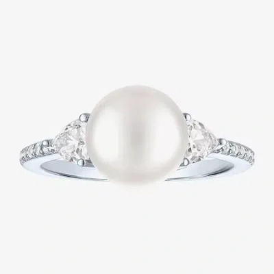 Fine Jewelry Womens 9-9.5mm White Cultured Freshwater Pearl Sterling Silver Round Side Stone Cocktail Ring In Transparent