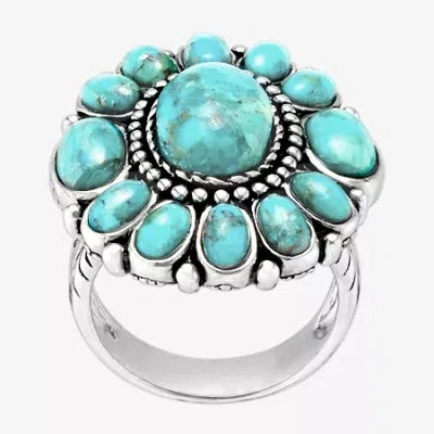 Fine Jewelry Womens Blue Turquoise Sterling Silver Flower Round Cocktail Ring