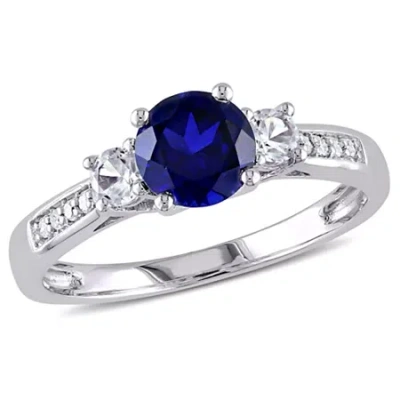 Fine Jewelry Womens Diamond Accent Lab Created Blue Sapphire 10k White Gold 3-stone Side Stone Cocktail Ring In Transparent