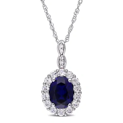 Fine Jewelry Womens Diamond Accent Lab Created Blue Sapphire 14k White Gold Oval 17 Inch Pendant Necklace In Transparent