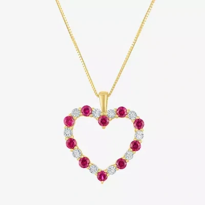Fine Jewelry Womens Diamond Accent Lab Created Red Ruby 10k Gold Heart 18 Inch Pendant Necklace In Transparent