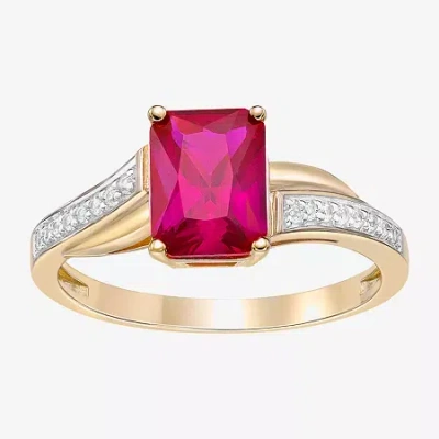 Fine Jewelry Womens Diamond Accent Lab Created Red Ruby 18k Gold Over Silver Side Stone Cocktail Ring