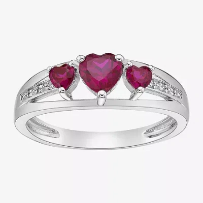 Fine Jewelry Womens Diamond Accent Lab Created Red Ruby Sterling Silver 3-stone Side Stone Cocktail Ring