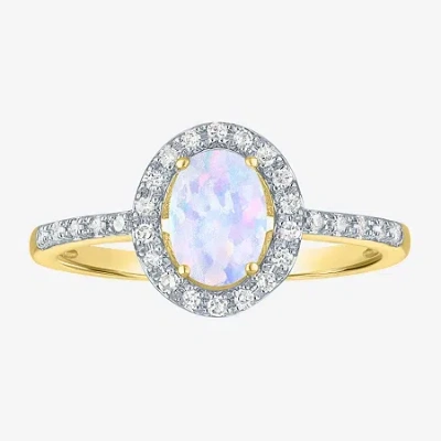 Fine Jewelry Womens Diamond Accent Lab Created White Opal 10k Gold Halo Side Stone Cocktail Ring In Transparent