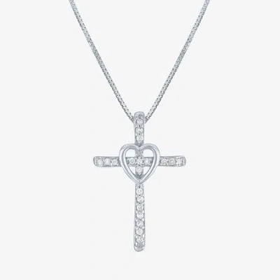 Fine Jewelry Womens Diamond Accent Natural White Diamond 10k White Gold Cross 18 Inch Pendant Necklace In Transparent