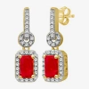 Fine Jewelry Womens Emerald-cut Gemstone & 1/7 Ct. T.w. Natural Diamond 10k Gold Drop Earrings In Red
