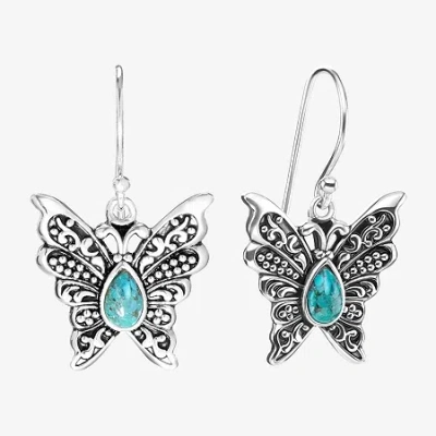 Fine Jewelry Womens Enhanced Blue Turquoise Sterling Silver Butterfly Drop Earrings In Transparent