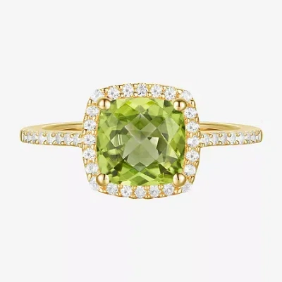Fine Jewelry Womens Gemstone 14k Gold Over Silver Cushion Halo Side Stone Cocktail Ring In Green