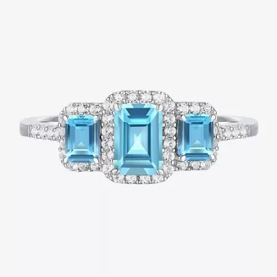 Fine Jewelry Womens Gemstone 14k Gold Over Silver Halo 3-stone Cocktail Ring In Blue