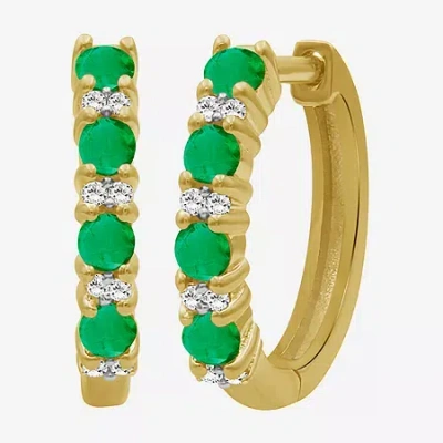 Fine Jewelry Womens Gemstone & 1/10 Ct. T.w. Natural Diamond 10k Gold 15.4mm Hoop Earrings In Green