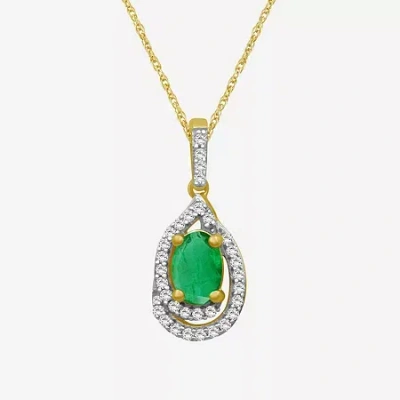 Fine Jewelry Womens Gemstone & 1/10 Ct. T.w. Natural Diamond 10k Gold Oval 18 Inch Pendant Necklace In Green