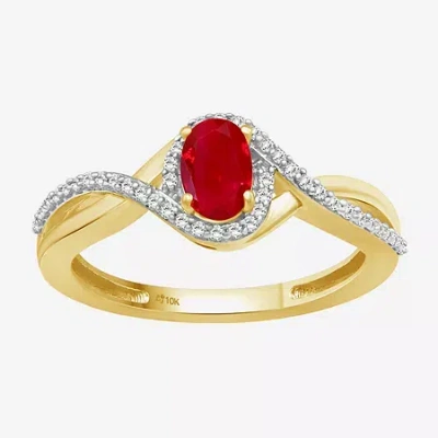Fine Jewelry Womens Gemstone & 1/10 Ct. T.w. Natural Diamond 10k Gold Oval Cocktail Ring In Red