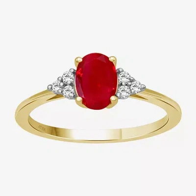 Fine Jewelry Womens Gemstone & 1/10 Ct. T.w. Natural Diamond 10k Gold Oval Cocktail Ring In Red