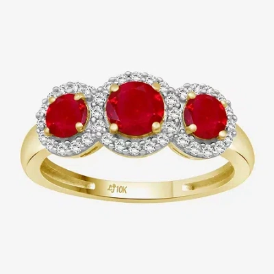 Fine Jewelry Womens Gemstone & 1/5 Ct. T.w. Natural Diamond 10k Gold 3-stone Cocktail Ring In Red