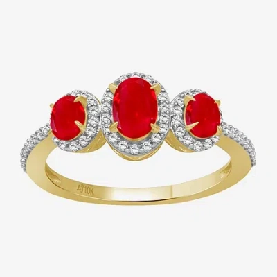 Fine Jewelry Womens Gemstone & 1/5 Ct. T.w. Natural Diamond 10k Gold Oval 3-stone Cocktail Ring In Red