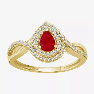 Fine Jewelry Womens Gemstone & 1/5 Ct. T.w. Natural Diamond 10k Gold Pear Cocktail Ring In Red