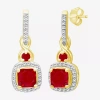 Fine Jewelry Womens Gemstone & 1/6 Ct. T.w. Natural Diamond 10k Gold Drop Earrings In Red