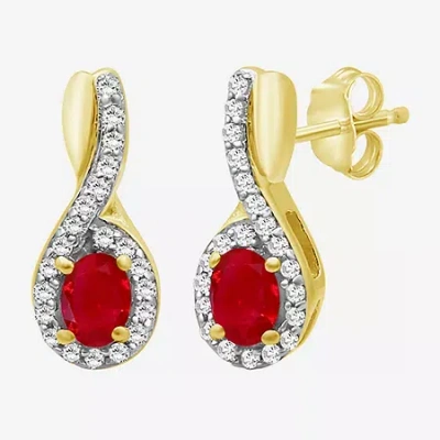 Fine Jewelry Womens Gemstone & 1/6 Ct. T.w. Natural Diamond 10k Gold Oval Drop Earrings In Red